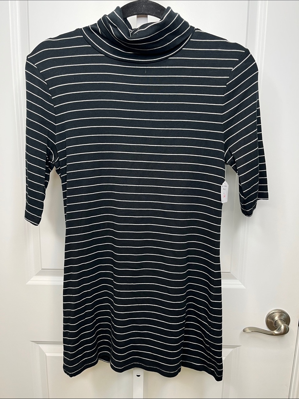 a new day Black and White Striped Short Sleeve Turtleneck Top